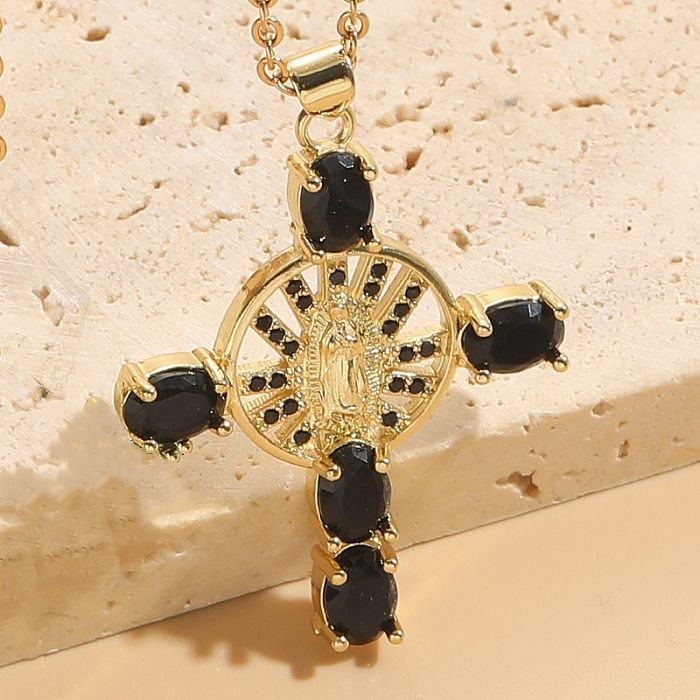 Elegant Artistic Cross Copper 14K Gold Plated Zircon Pendant Necklace In Bulk