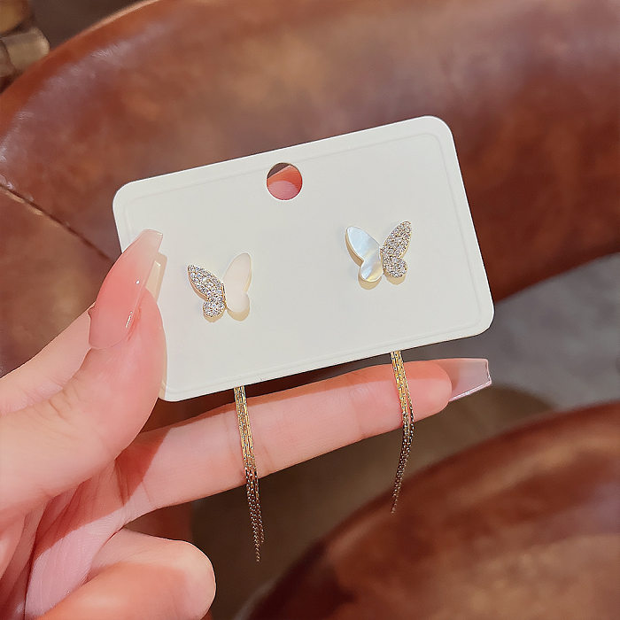 Boucles d'oreilles papillon en cuivre avec incrustation de coquille et de Zircon, 1 paire, à la mode