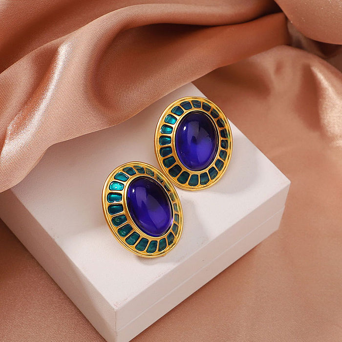 1 Pair Classical Retro Commute Oval Painted Plating Copper 18K Gold Plated Ear Studs