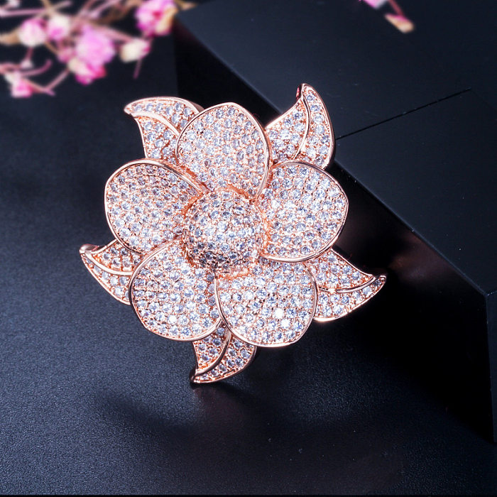 Elegant Luxurious Flower Copper Plating Inlay Zircon 14K Gold Plated Gold Plated Rhodium Plated Rings