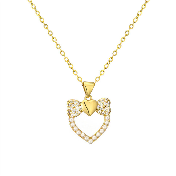 IG Style Casual Heart Shape Pineapple Dragonfly Copper Plating Hollow Out Inlay Pearl Zircon Gold Plated Pendant Necklace