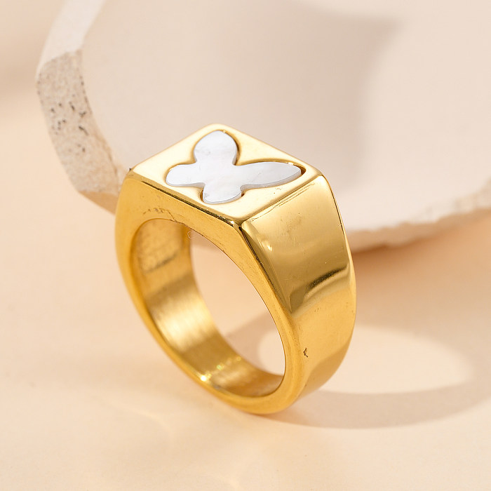 Modern Style Round Moon Butterfly Stainless Steel Plating Inlay Shell 14K Gold Plated Rings