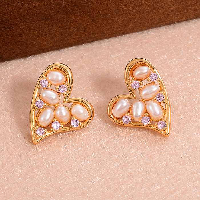 1 par de brincos de orelha banhados a ouro 18K com zircônia de cobre estilo francês doce formato de coração