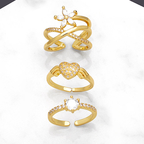 IG Estilo Elegante Streetwear Forma de Coração Flor Chapeamento de Cobre Incrustação Zircão Banhado A Ouro 18K Anéis Abertos