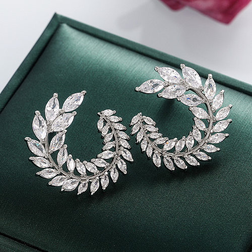1 Pair Simple Style Leaf Inlay Copper Zircon Ear Studs