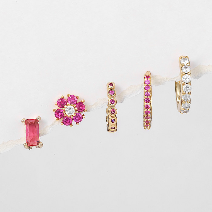 1 Set Basic Sweet Simple Style Geometric Flower Plating Inlay Brass Zircon 18K Gold Plated Earrings