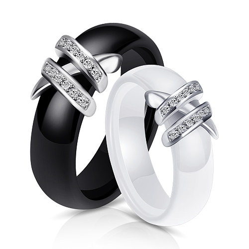 Creative Ceramic Black White Double X Inlaid Diamond Titanium Steel Ring