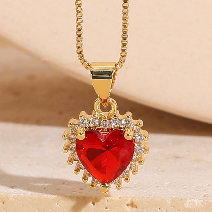 Elegant Classic Style Heart Shape Copper Irregular Inlay Zircon 14K Gold Plated Pendant Necklace