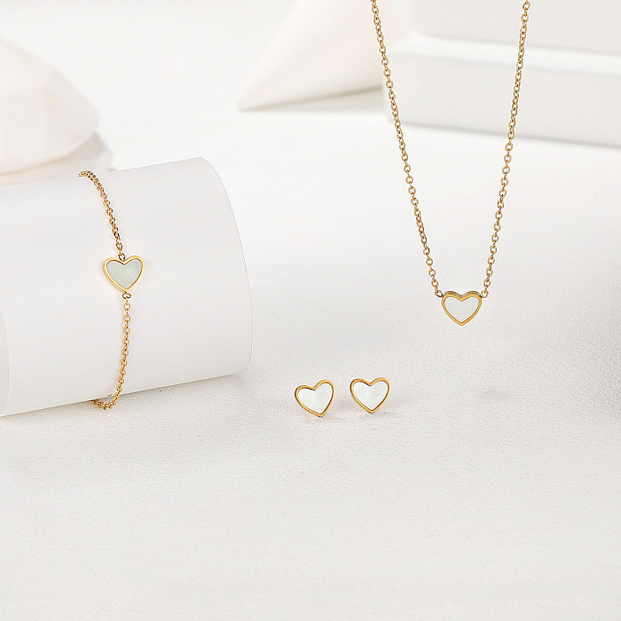 Elegant Modern Style Heart Shape Stainless Steel Plating Inlay Shell 18K Gold Plated Bracelets Earrings Necklace