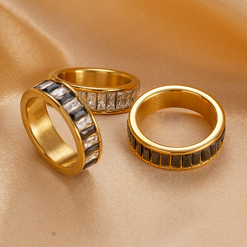 Estilo moderno estilo clássico retângulo artístico chapeamento de aço inoxidável incrustação de diamante artificial anéis banhados a ouro