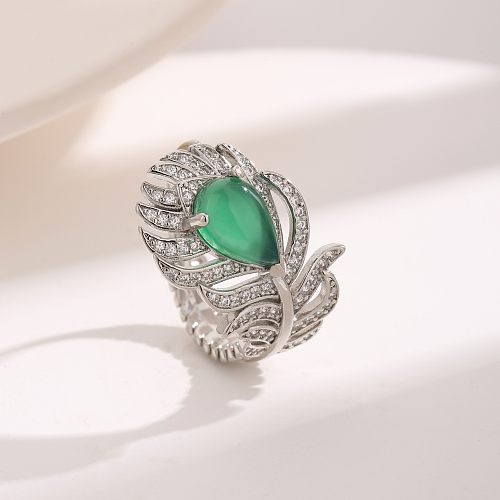 Vintage Style Water Droplets Feather Copper Plating Inlay Zircon White Gold Plated Open Rings