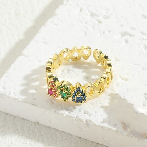 Elegant Luxurious Water Droplets Copper Plating Inlay Zircon 14K Gold Plated Open Rings