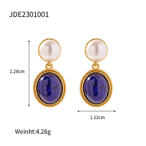 1 Pair Retro Oval Copper Inlay Artificial Gemstones Pearl Drop Earrings