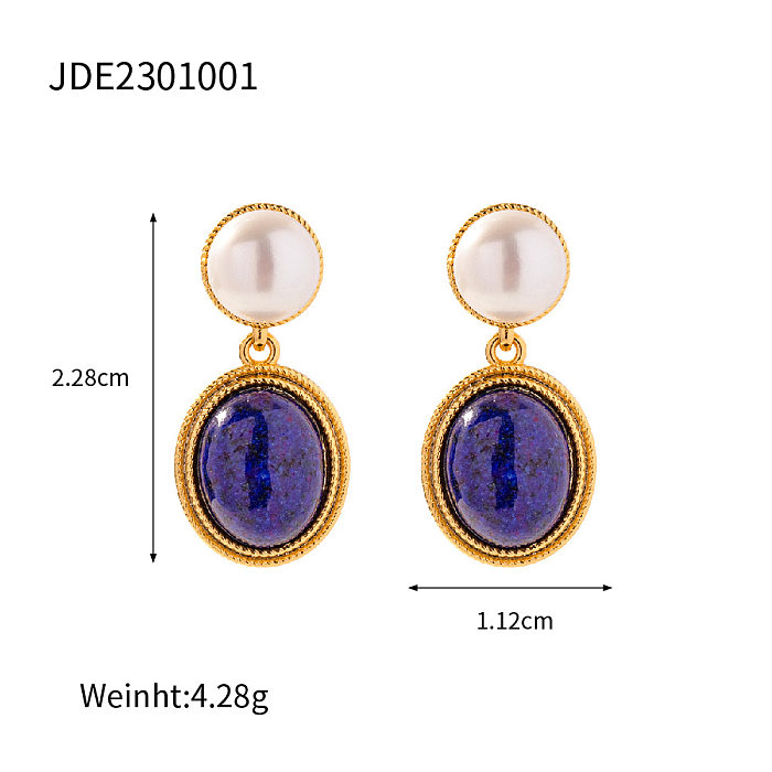 1 par de pendientes colgantes de perlas con incrustaciones de cobre ovaladas retro con piedras preciosas artificiales