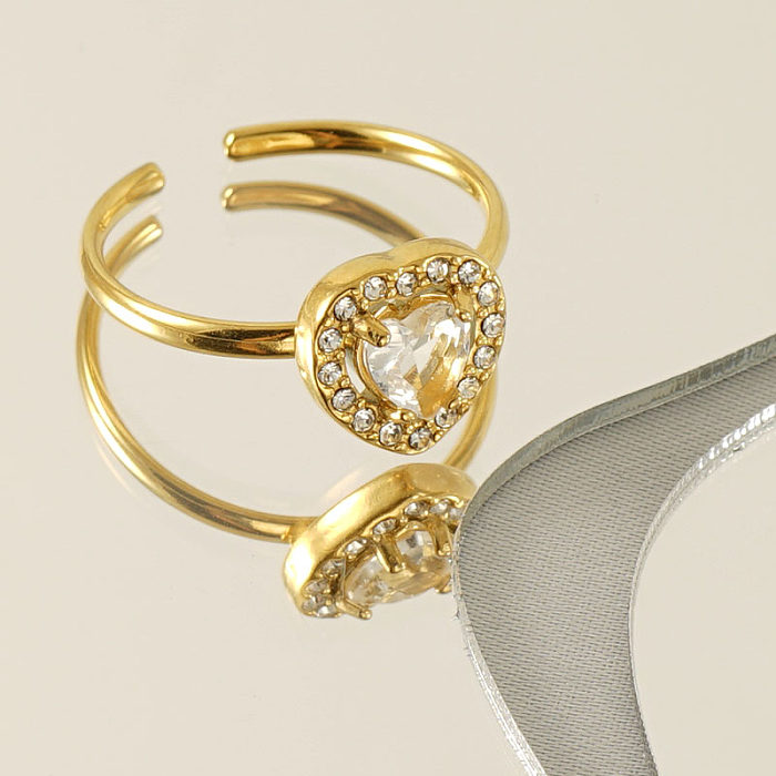 1 peça anel aberto de zircônia em forma de coração brilhante chapeamento de aço inoxidável