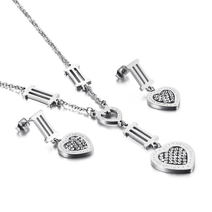 Conjunto de pendientes y collar con números romanos de acero inoxidable en forma de corazón, joyería al por mayor