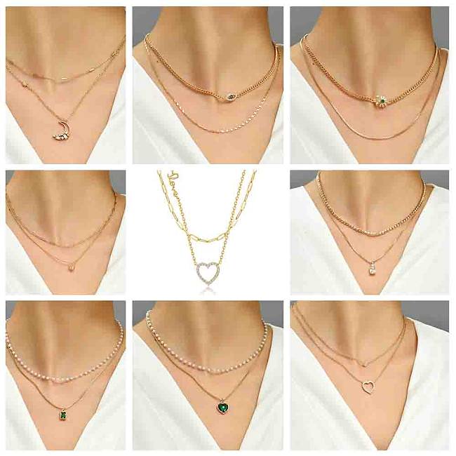 Fashion Star Moon Copper Inlay Zircon Layered Necklaces 1 Piece