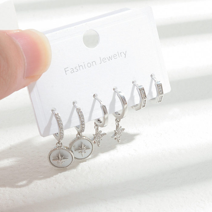 Pendientes colgantes de cobre con forma de estrella de estilo simple, aretes con incrustaciones de circonio, aretes de cobre, 3 pares