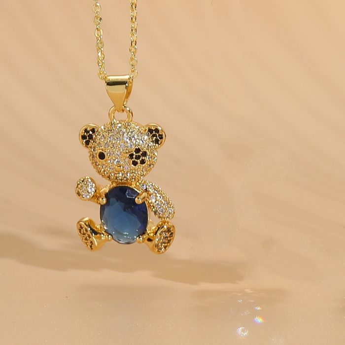Elegant Luxurious Bear Copper Plating Inlay Zircon 14K Gold Plated Pendant Necklace