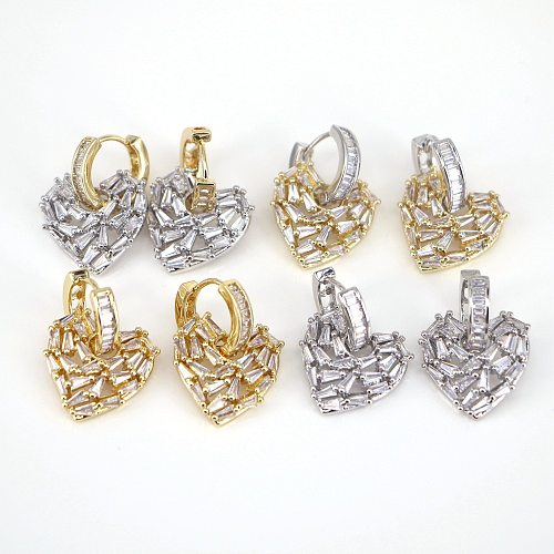 Fashion Micro-set Zirconium Heart-shaped Copper Gold White K Hollow Heart Earrings