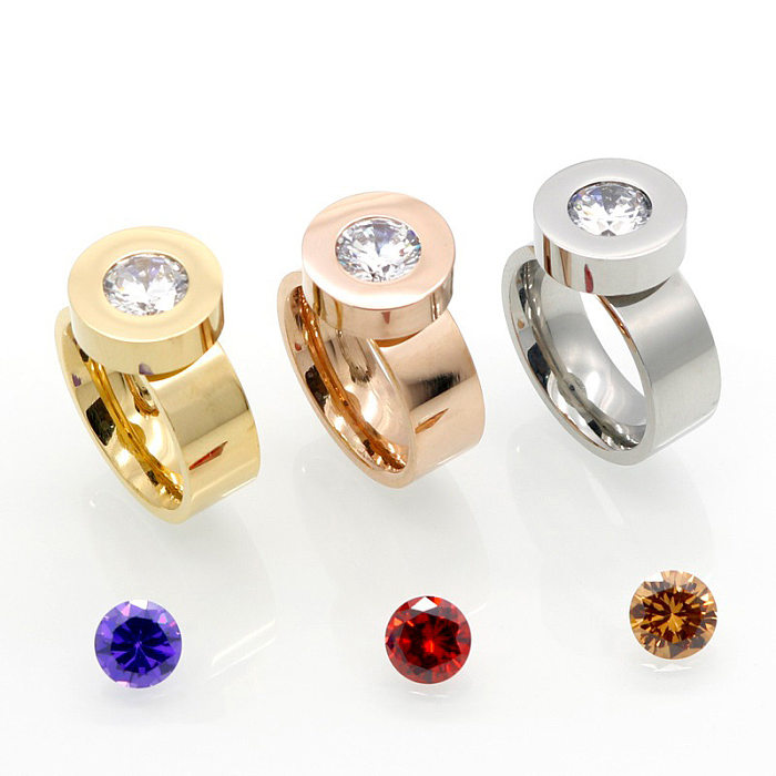 1 Piece Fashion Round Titanium Steel Plating Inlay Zircon Rings