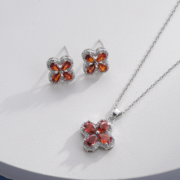 Sweet Four Leaf Clover Copper Plating Inlay Zircon Earrings Necklace