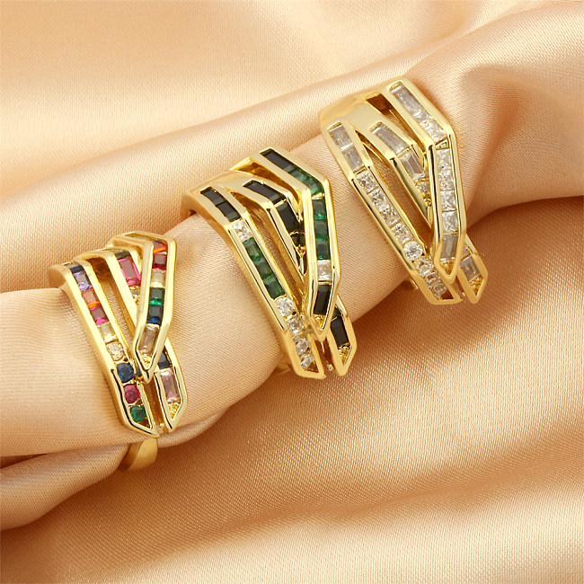 Hip-Hop Simple Style Lines Copper Plating Inlay Zircon 18K Gold Plated Open Rings