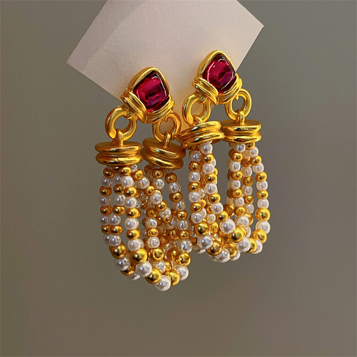 Boucles d'oreilles à pampilles géométriques, 1 paire, Style classique de base, placage d'imitation de perles en cuivre