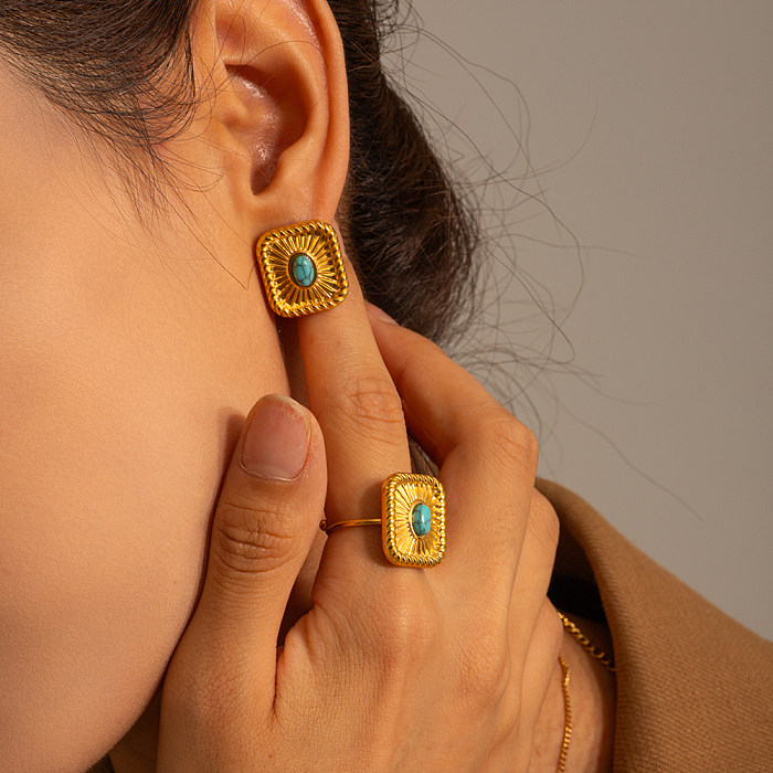 IG-Stil Retro-Rechteck-Edelstahl-Beschichtung, türkisfarbene 18-Karat-vergoldete Ringe-Ohrringe