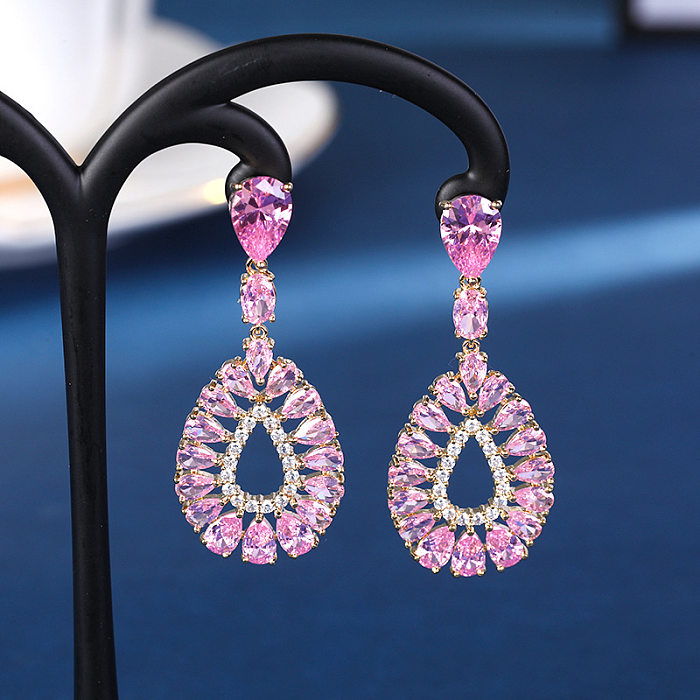 1 Pair Luxurious Water Droplets Tassel Copper Inlay Zircon Drop Earrings