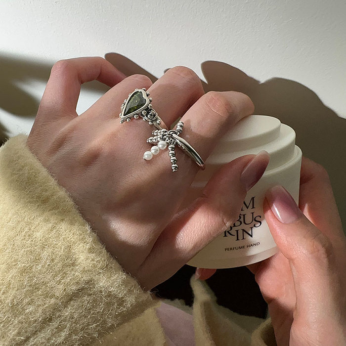 Casual Modern Style Heart Shape Copper Charm Plating Inlay Gem White Gold Plated Open Ring