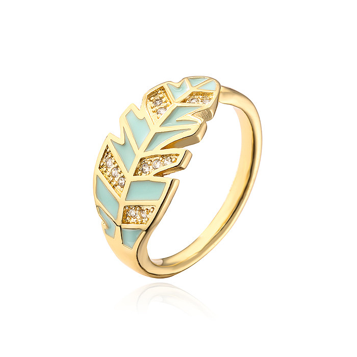 Fashion Leaf Copper Enamel Gold Plated Zircon Open Ring 1 Piece