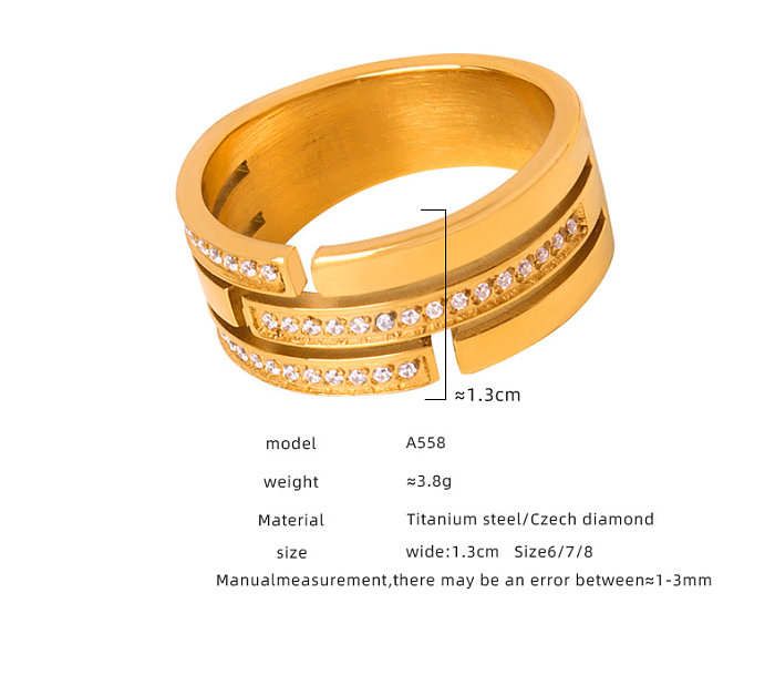Elegante, luxuriöse, einfarbige Titanstahl-Beschichtung mit Strasssteinen und 18 Karat vergoldeten Ringen
