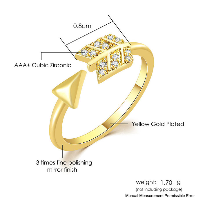 Klassische Pfeil-Verkupferungs-Inlay-Zirkon-vergoldete offene Ringe im klassischen Stil