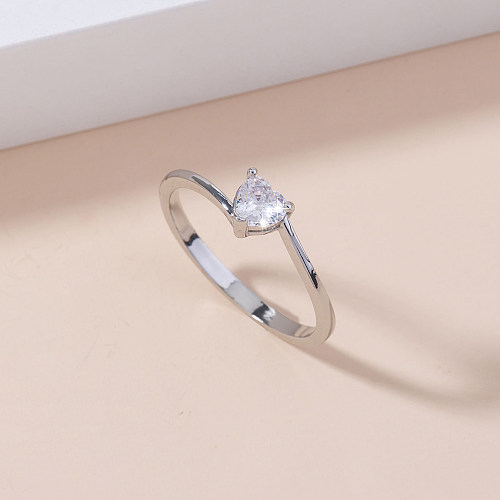 Romantic Simple Style Heart Shape Copper Silver Plated Zircon Rings In Bulk