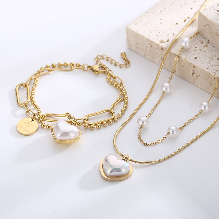 Elegant Heart Shape Freshwater Pearl Titanium Steel Plating Bracelets Necklace