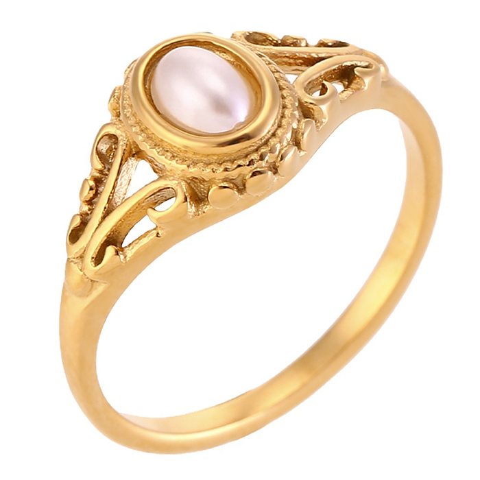 Modern Style Geometric Stainless Steel Plating Inlay Freshwater Pearl 18K Gold Plated Rings