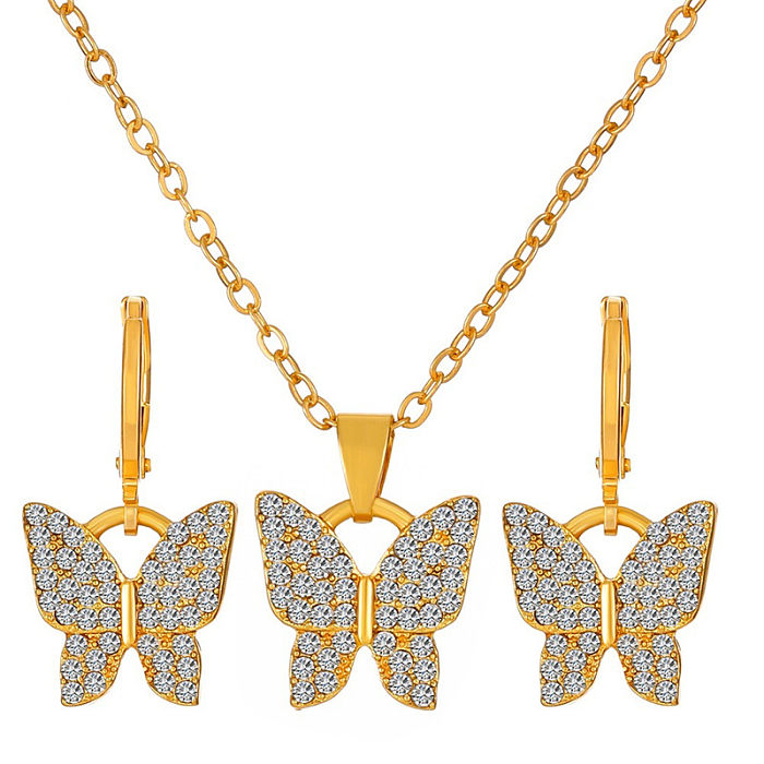 Moda coração forma borboleta cobre banhado a ouro prata inlay zircão colar 1 conjunto