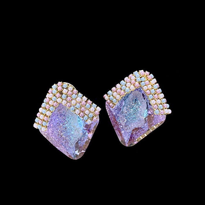 1 Pair Simple Style Shiny Rhombus Inlay Copper Crystal Ear Studs