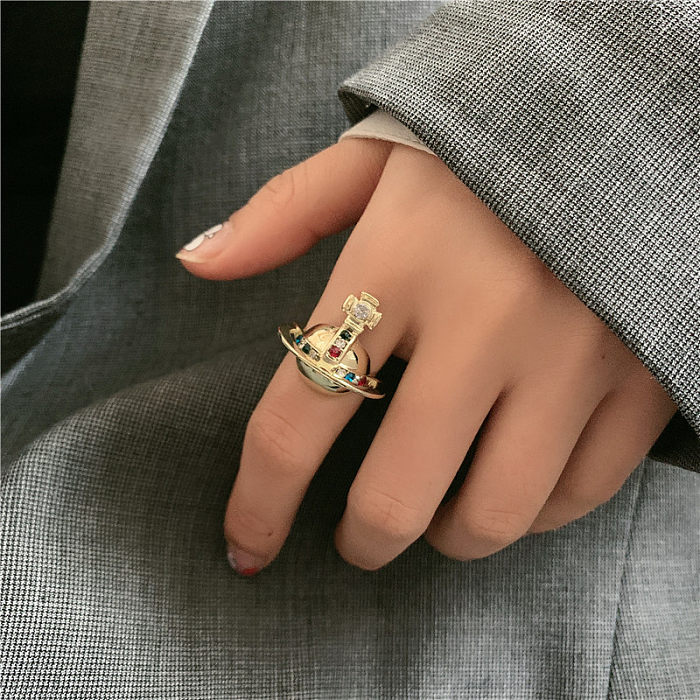 Punk-Saturn-Metall-Diamant-offener Ring