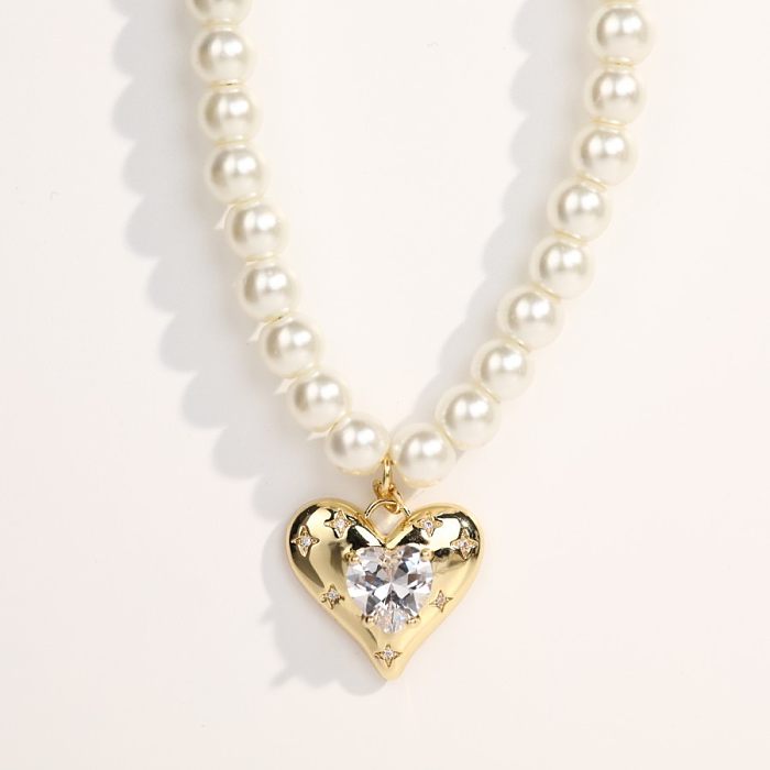 Sweet Commute Envelope Heart Shape Imitation Pearl Copper Plating Inlay Zircon 18K Gold Plated Pendant Necklace