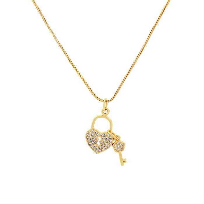 Hip-Hop Simple Style Heart Shape Key Lock Copper Plating Inlay Zircon 18K Gold Plated Pendant Necklace