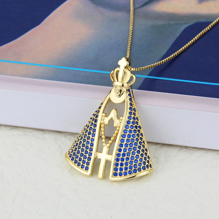 Fashion Cross Crown Shape Virgin Maria Pendant Inlaid Zircon Copper Necklace Wholesale