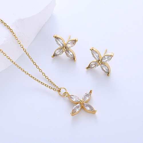 Simple Style Four Leaf Clover Stainless Steel Polishing Plating Zircon 18K Gold Plated Earrings Necklace Jewelry Set