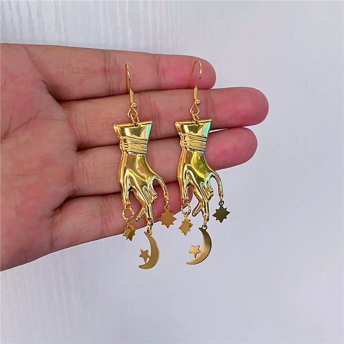 Fashion Hand Star Moon Copper Tassel Plating Metal Earrings