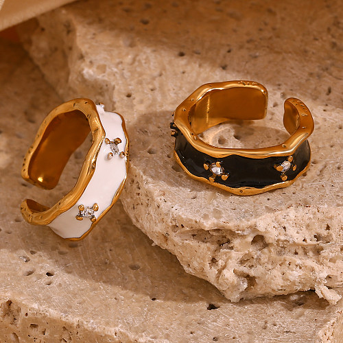Estilo vintage estilo simples estilo clássico cor sólida chapeamento de aço inoxidável strass embutidos banhados a ouro 18K anéis abertos