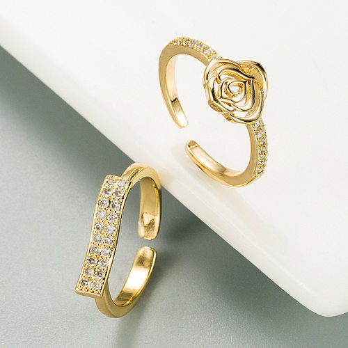 Forma geométrica de flor de rosa 18k banhado a ouro cobre micro incrustado anel de avelã abertura ajustável Europa e América