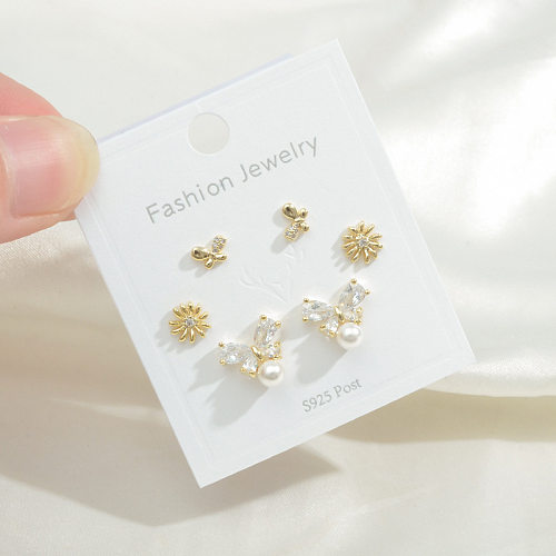 Mode Schmetterling Kupfer Inlay künstliche Perlen Zirkon Ohrstecker 1 Paar