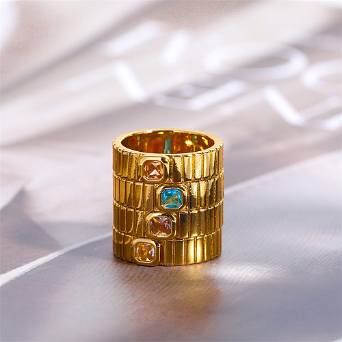 Anéis de zircão banhados a ouro de aço inoxidável quadrado estilo vintage por atacado