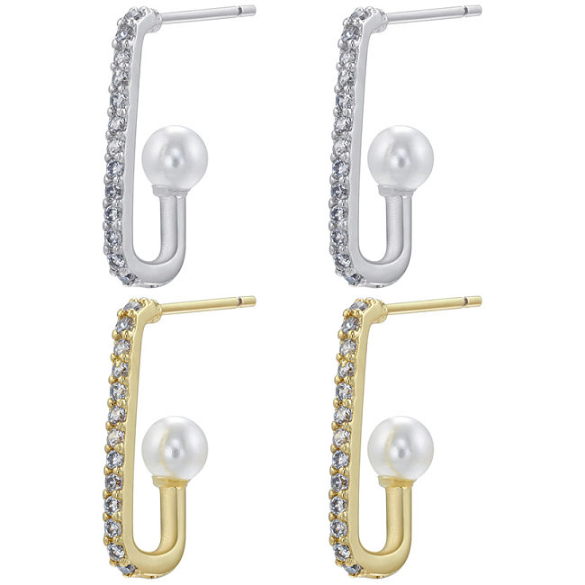 1 Pair Fashion Geometric Copper Inlay Artificial Pearls Zircon Ear Studs